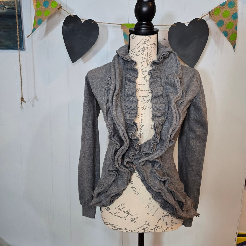 Pink Rose Gray Ruffle Open Front Cardigan Sweater Womens Medium  Cotton Mix